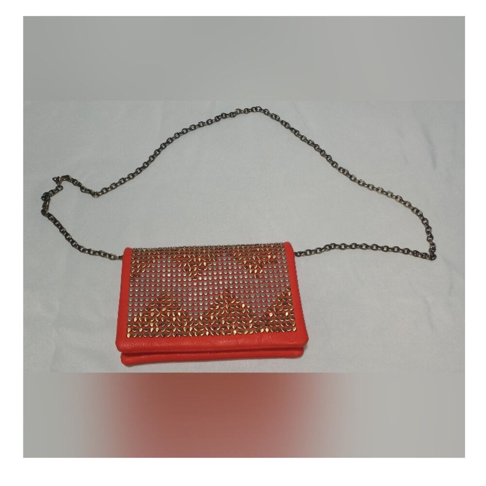 Street Level Red Orange Metal Studded Chain Strap Crossbody Front Flap Purse